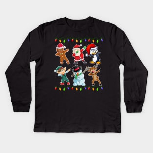 Dabbing Santa Elf Reindeer Gingerbread Penguin Friend Lights Kids Long Sleeve T-Shirt